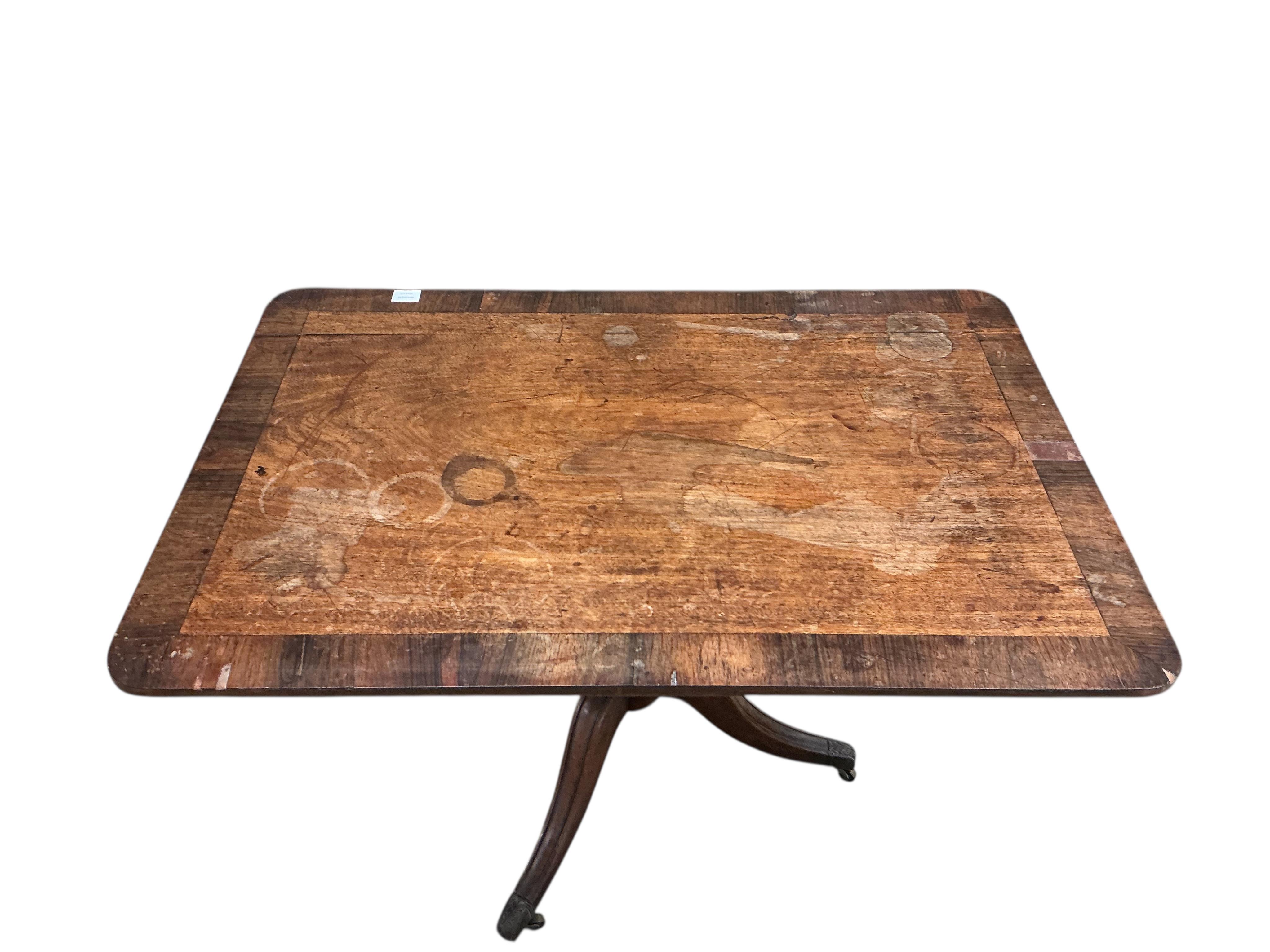 A Regency rectangular rosewood banded mahogany tilt top breakfast table, width 75cm, depth 111cm, height 71cm